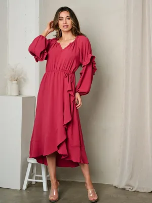 WOMEN'S LONG SLEEVE V-NECK RUFFLE MIDI DRESS