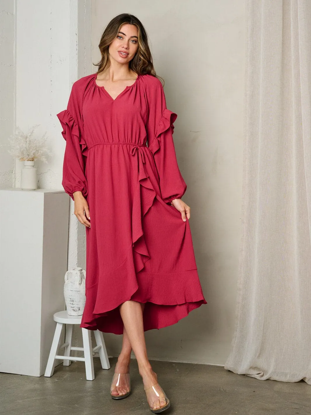 WOMEN'S LONG SLEEVE V-NECK RUFFLE MIDI DRESS