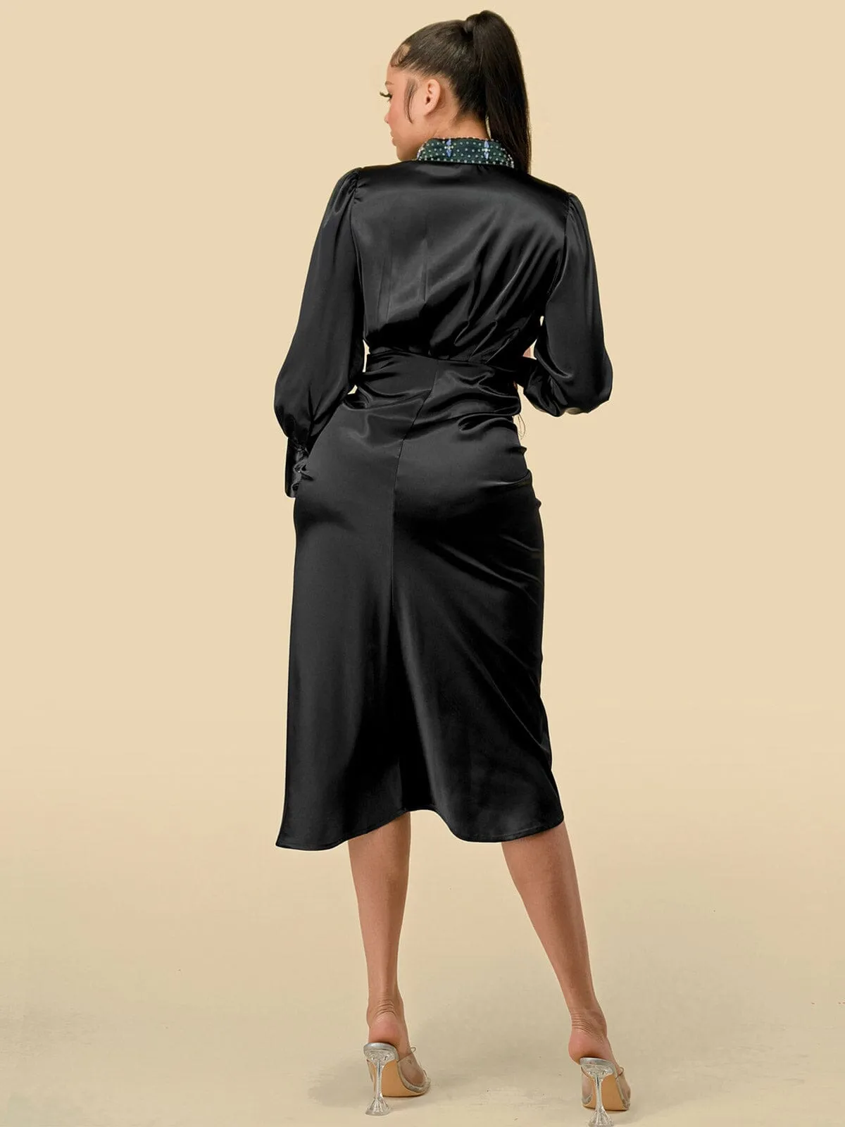 WOMEN'S LONG SLEEVES STUDS NECK DETAILED HIGH-LOW BUTTON UP MIDI DRESS