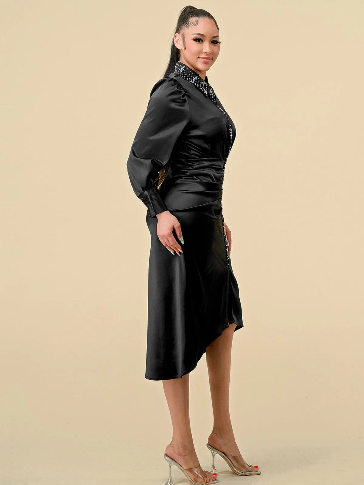 WOMEN'S LONG SLEEVES STUDS NECK DETAILED HIGH-LOW BUTTON UP MIDI DRESS