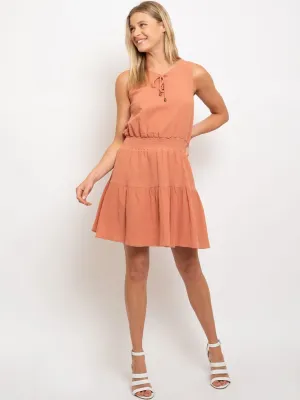 WOMEN'S MINI SMOCKED WAIST SLEEVELESS LACE-UP DRESS
