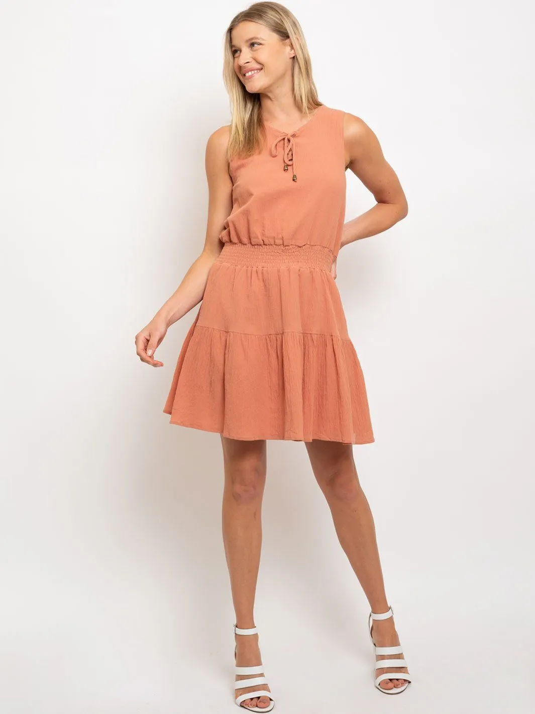 WOMEN'S MINI SMOCKED WAIST SLEEVELESS LACE-UP DRESS