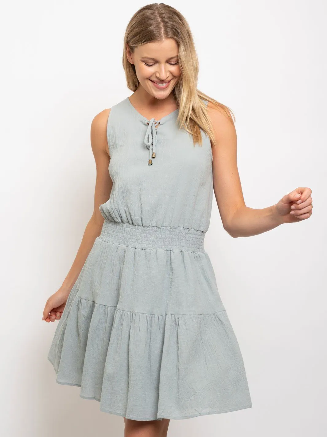 WOMEN'S MINI SMOCKED WAIST SLEEVELESS LACE-UP DRESS