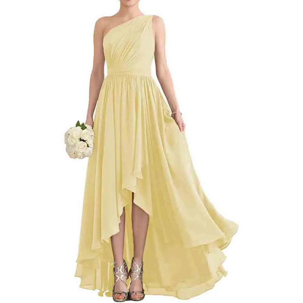 Women's One Shoulder Bridesmaid Dresses High Low Chiffon Evening Formal Gown with Pockets