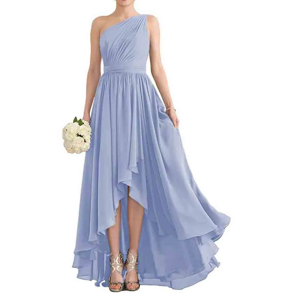 Women's One Shoulder Bridesmaid Dresses High Low Chiffon Evening Formal Gown with Pockets