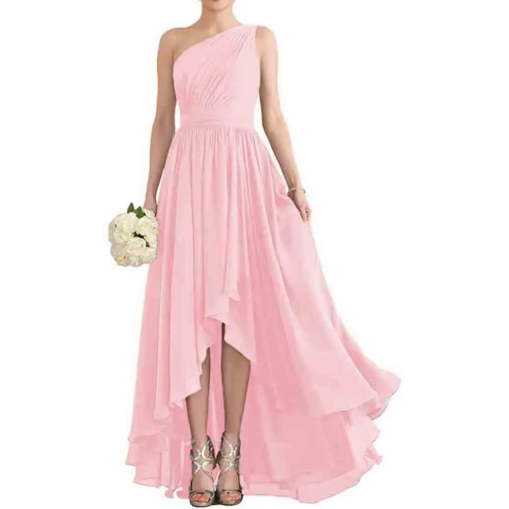 Women's One Shoulder Bridesmaid Dresses High Low Chiffon Evening Formal Gown with Pockets