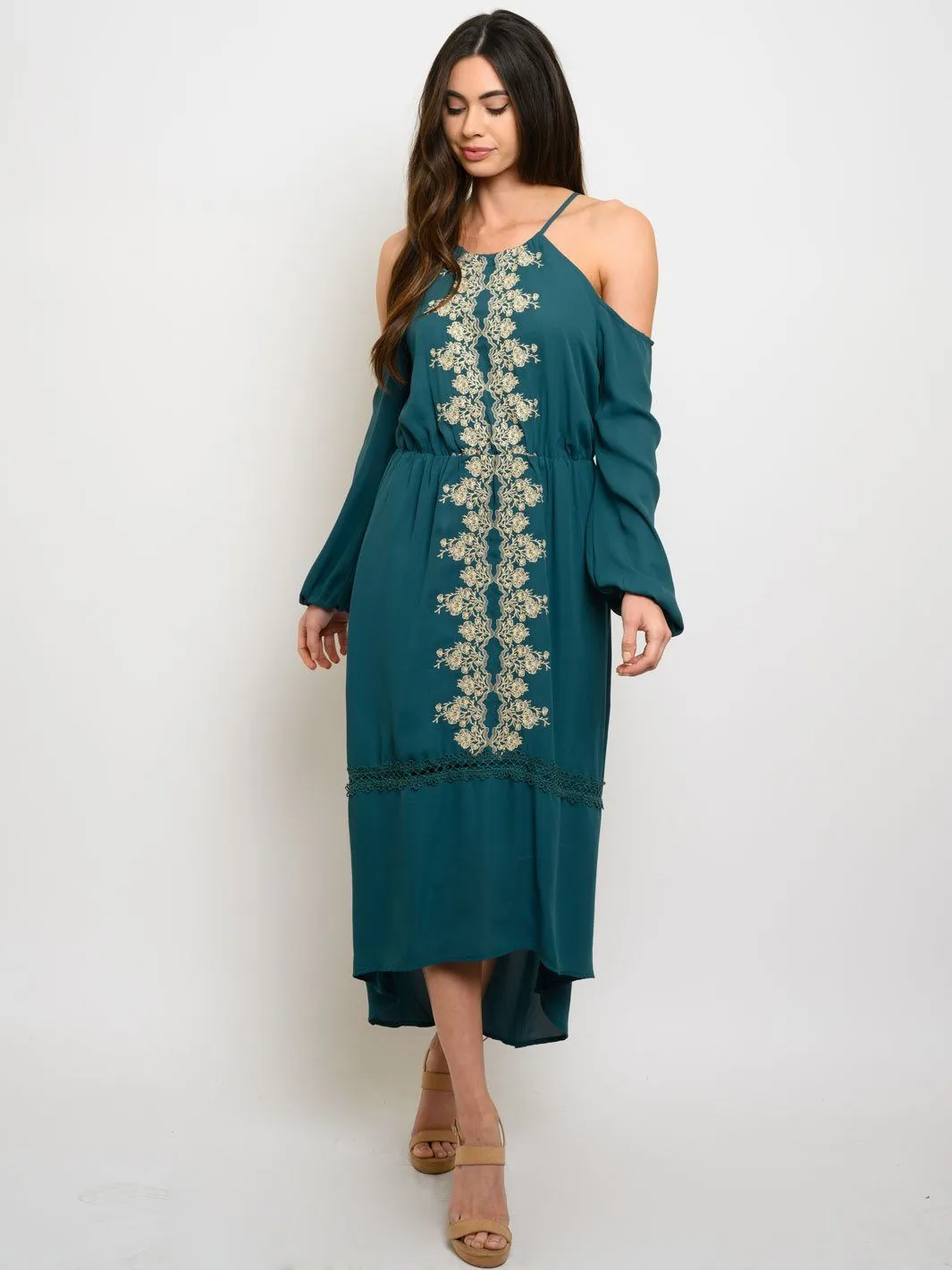 WOMEN'S QUETZAL EMBROIDERY DETAIL COLD SHOULDER MIDI DRESS