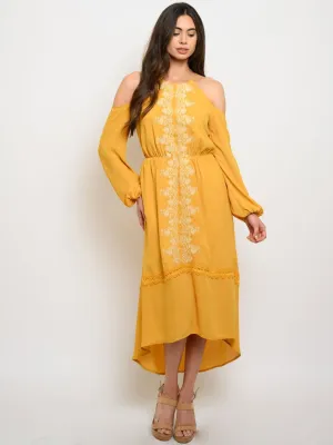 WOMEN'S QUETZAL EMBROIDERY DETAIL COLD SHOULDER MIDI DRESS