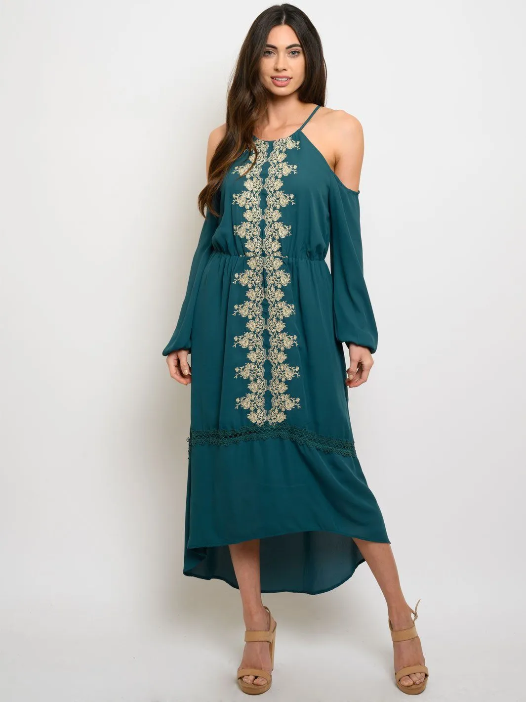 WOMEN'S QUETZAL EMBROIDERY DETAIL COLD SHOULDER MIDI DRESS
