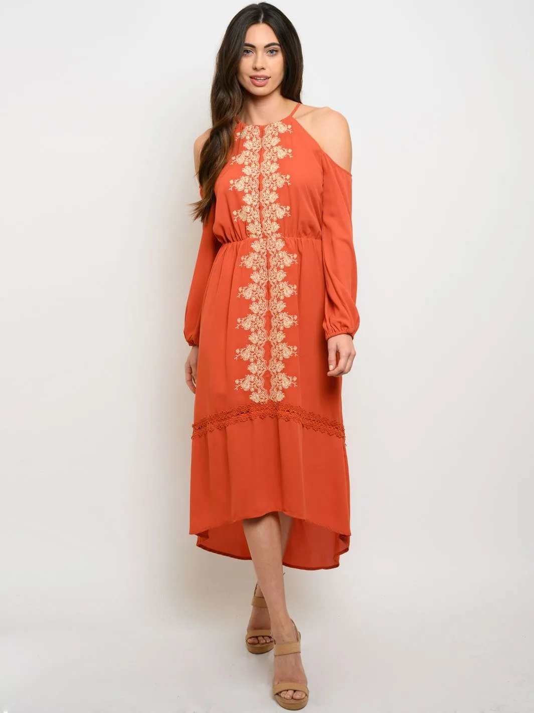 WOMEN'S QUETZAL EMBROIDERY DETAIL COLD SHOULDER MIDI DRESS
