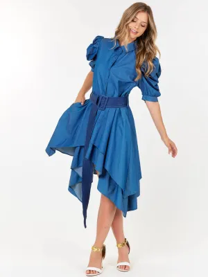WOMEN'S SHORT PUFF SLEEVE BUTTON UP FRONT BELT HIGH-LOW DENIM MIDI DRESS