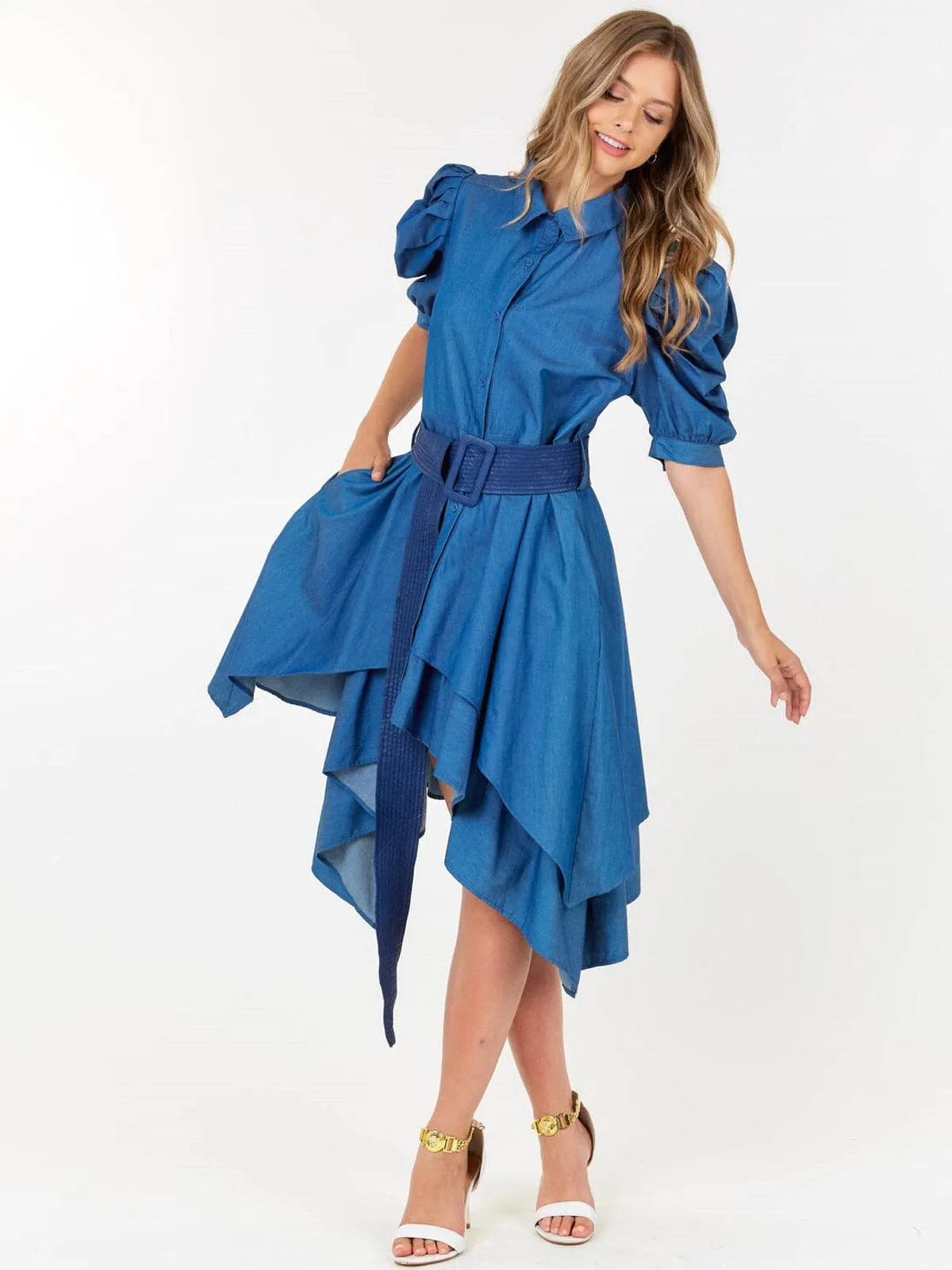 WOMEN'S SHORT PUFF SLEEVE BUTTON UP FRONT BELT HIGH-LOW DENIM MIDI DRESS