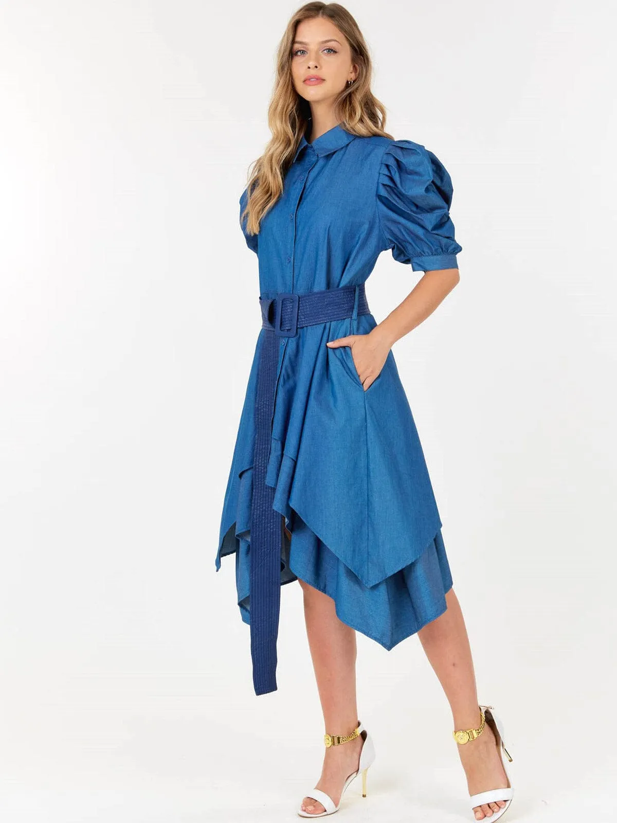 WOMEN'S SHORT PUFF SLEEVE BUTTON UP FRONT BELT HIGH-LOW DENIM MIDI DRESS