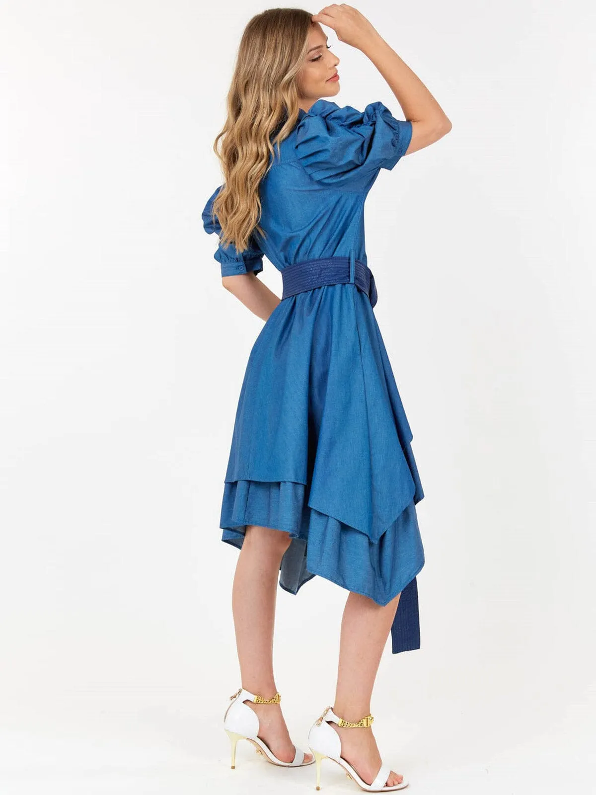 WOMEN'S SHORT PUFF SLEEVE BUTTON UP FRONT BELT HIGH-LOW DENIM MIDI DRESS