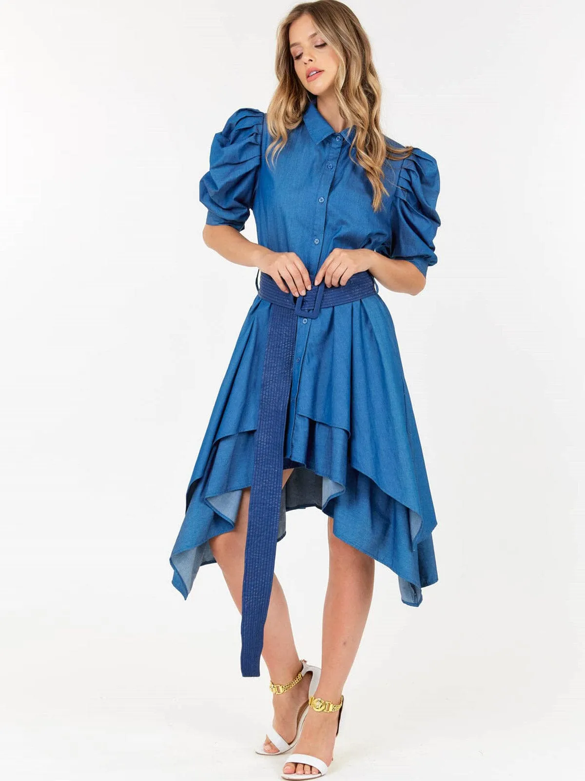 WOMEN'S SHORT PUFF SLEEVE BUTTON UP FRONT BELT HIGH-LOW DENIM MIDI DRESS