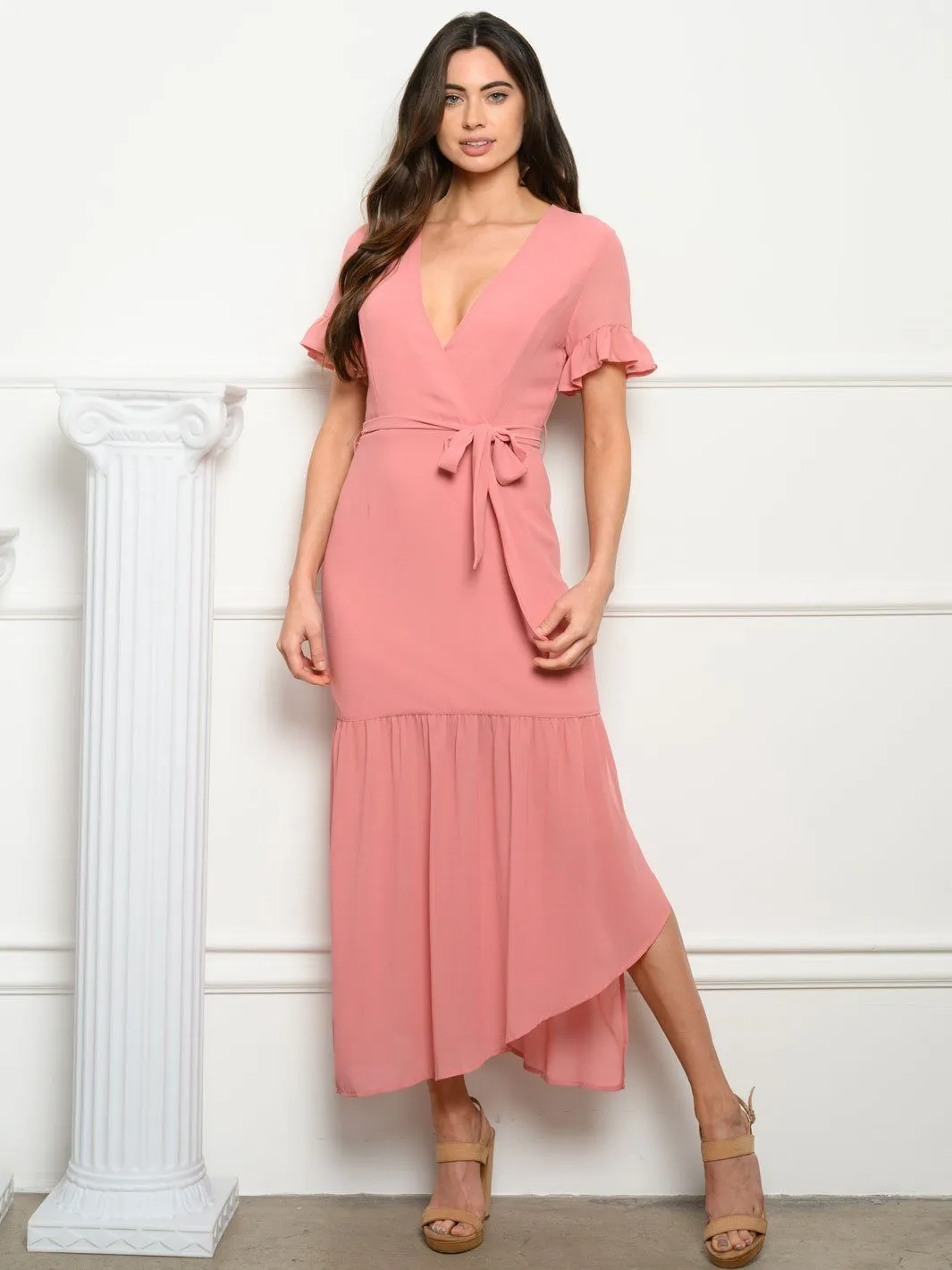 WOMEN'S SHORT RUFFLE SLEEVES MIDI DRESS