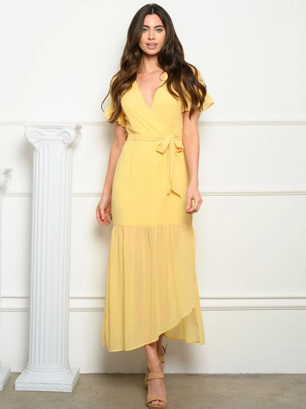 WOMEN'S SHORT RUFFLE SLEEVES MIDI DRESS