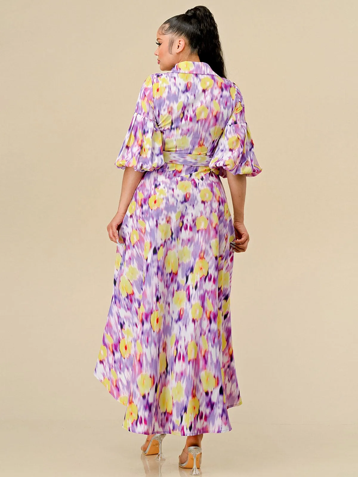 WOMEN'S SHORT SLEEVE BUTTON UP BELTED HIGH-LOW MULTI MAXI DRESS