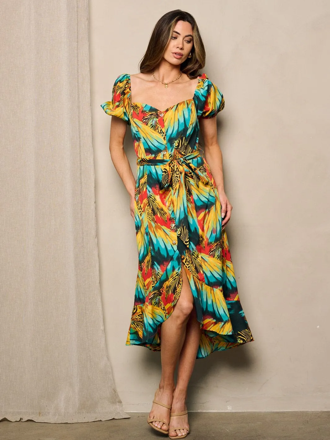 WOMEN'S SHORT SLEEVE BUTTON UP RUFFLE MULTI PRINT MIDI DRESS