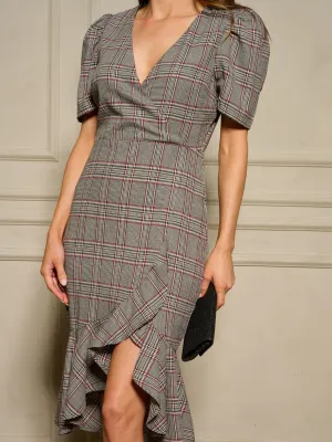 WOMEN'S SHORT SLEEVE SURPLICE RUFFLE BOTTOM HEM PLAID MIDI DRESS