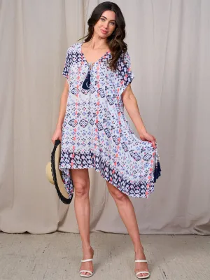 WOMEN'S SHORT SLEEVE V-NECK MULTI PRINT HIGH-LOW MINI DRESS