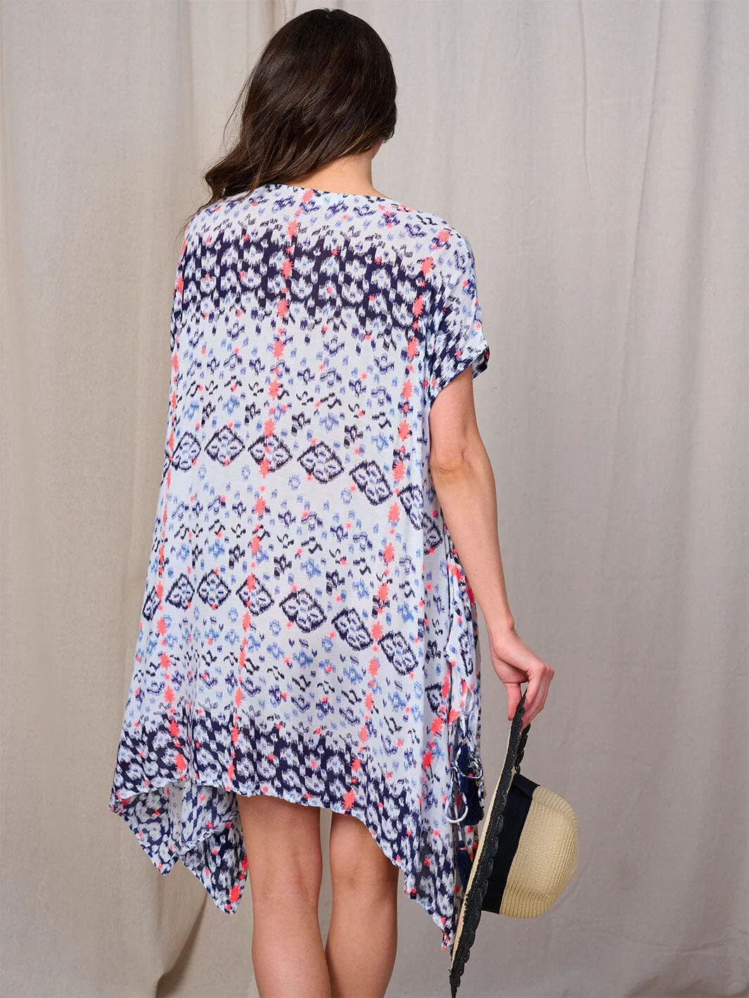 WOMEN'S SHORT SLEEVE V-NECK MULTI PRINT HIGH-LOW MINI DRESS