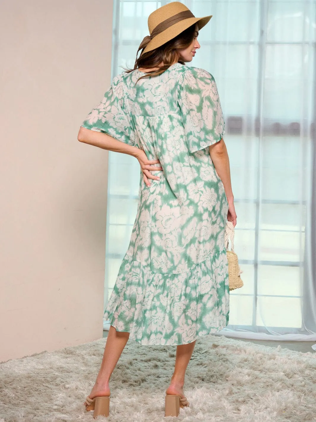 WOMEN'S SHORT SLEEVE V-NECK POCKETS HIGH-LOW FLORAL MID DRESS