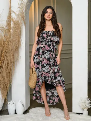 WOMEN'S SLEEVELESS HI-LOW FLORAL RUFFLE MIDI DRESS