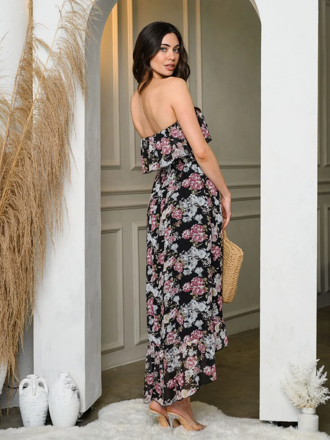 WOMEN'S SLEEVELESS HI-LOW FLORAL RUFFLE MIDI DRESS