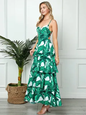 WOMEN'S SLEEVELESS TIERED OPEN BACK LACE UP LEAF PRINT MAXI DRESS