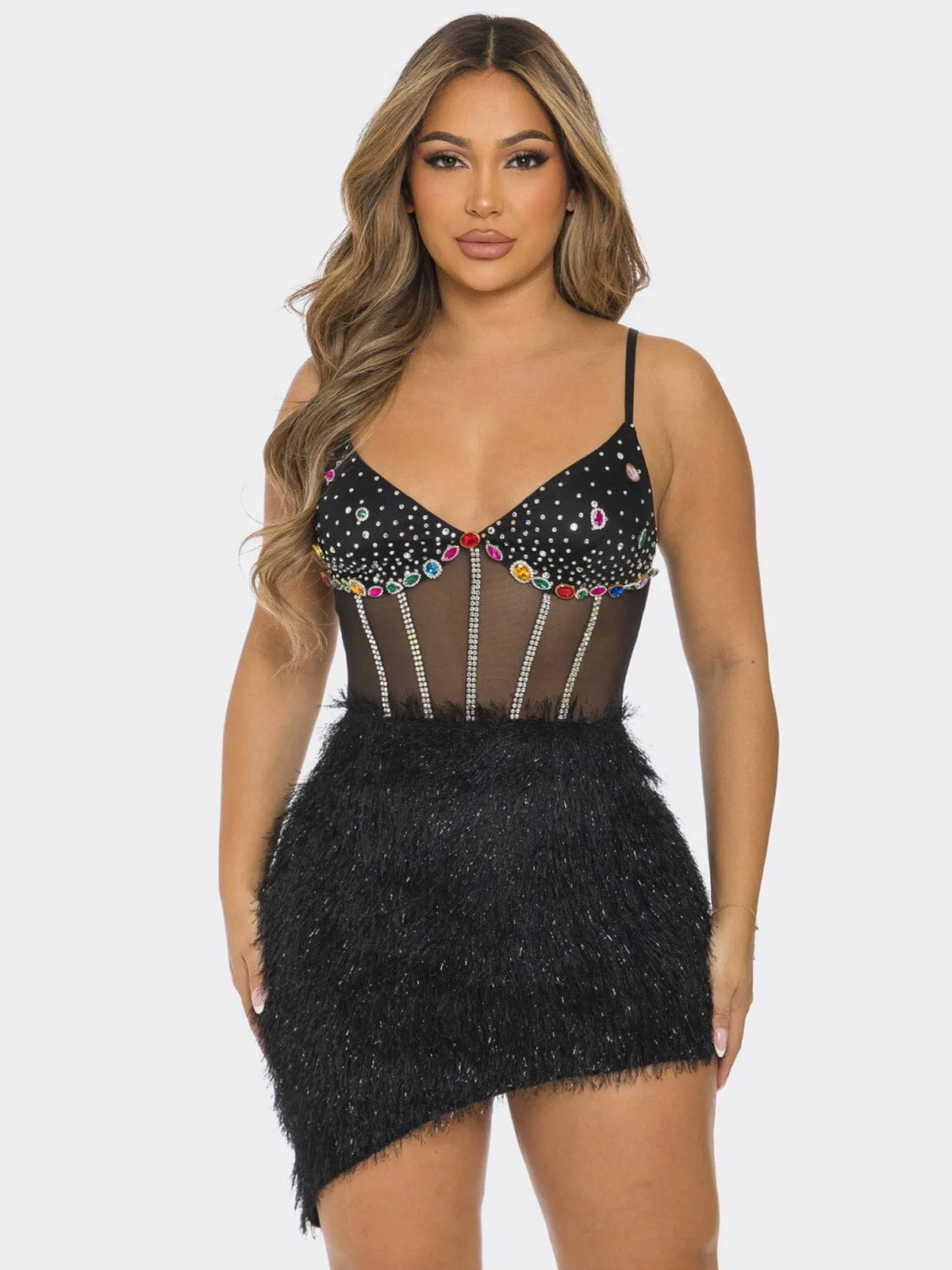 WOMEN'S SLEEVELESS V-NECK HIGH-LOW BODYCON STUDS MINI DRESS