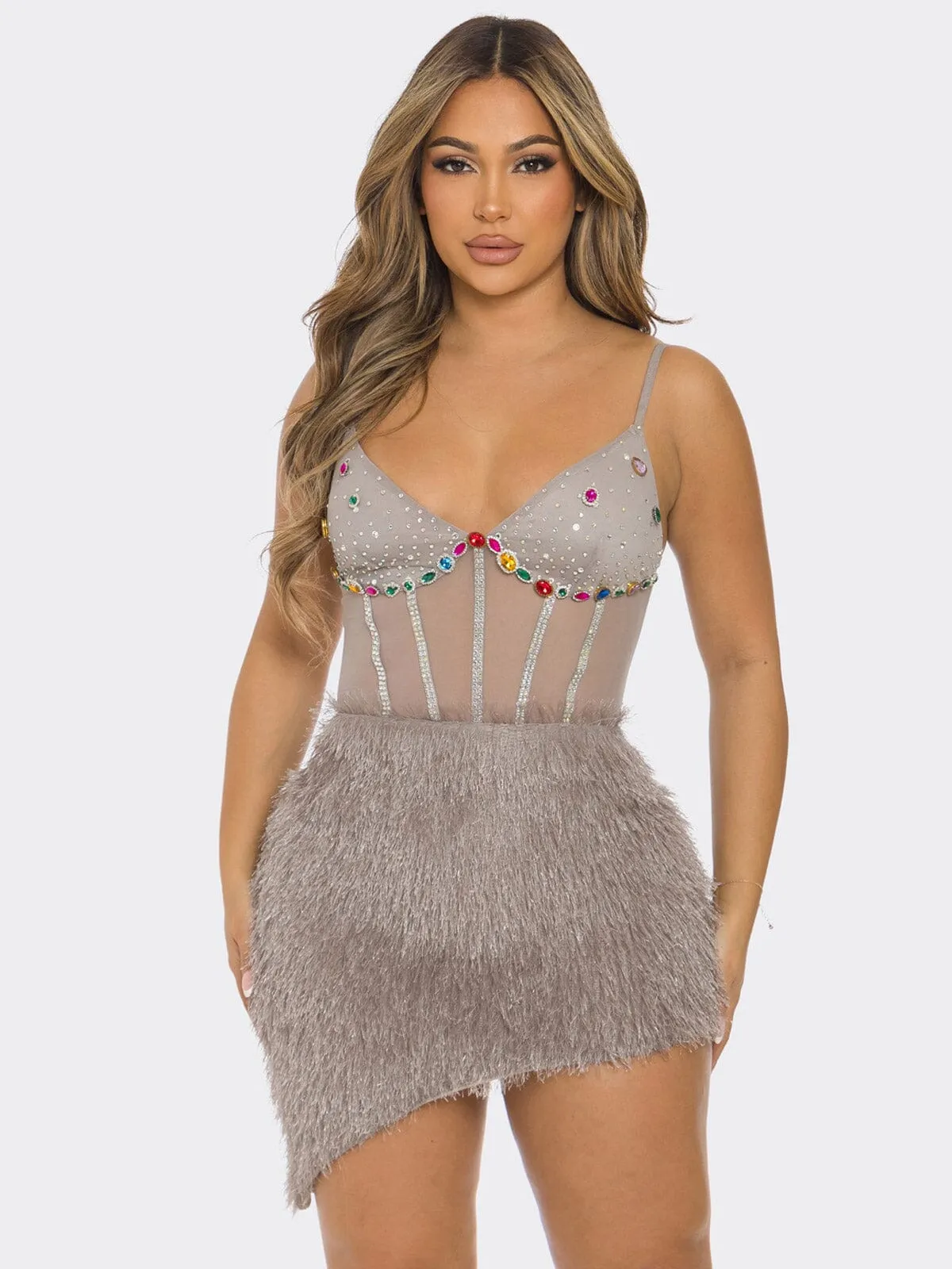 WOMEN'S SLEEVELESS V-NECK HIGH-LOW BODYCON STUDS MINI DRESS