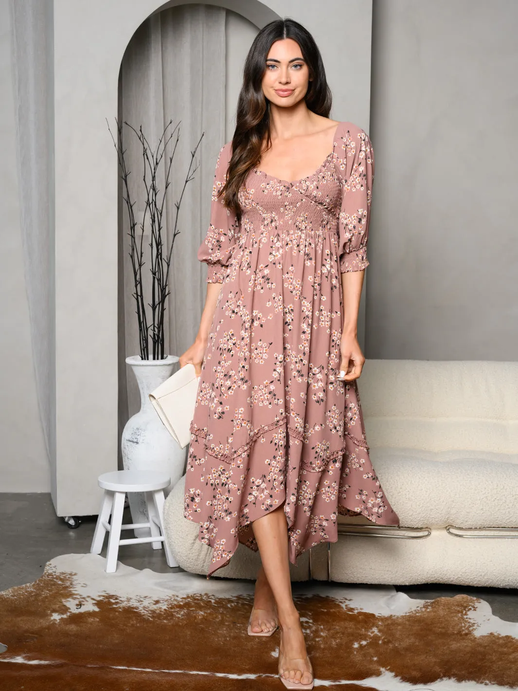 WOMEN'S WIDE V-NECK FLORAL PRINT MAXI DRESS