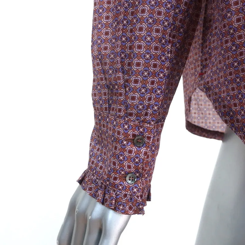 Xirena Henley Top Purple Printed Cotton-Silk Size Extra Small Long Sleeve Blouse