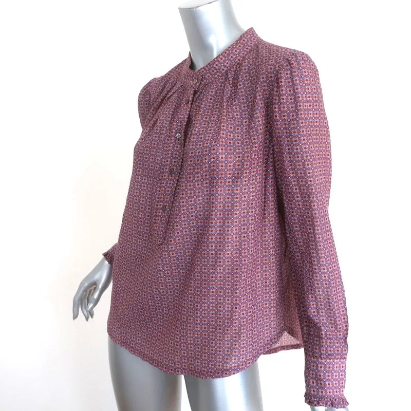 Xirena Henley Top Purple Printed Cotton-Silk Size Extra Small Long Sleeve Blouse