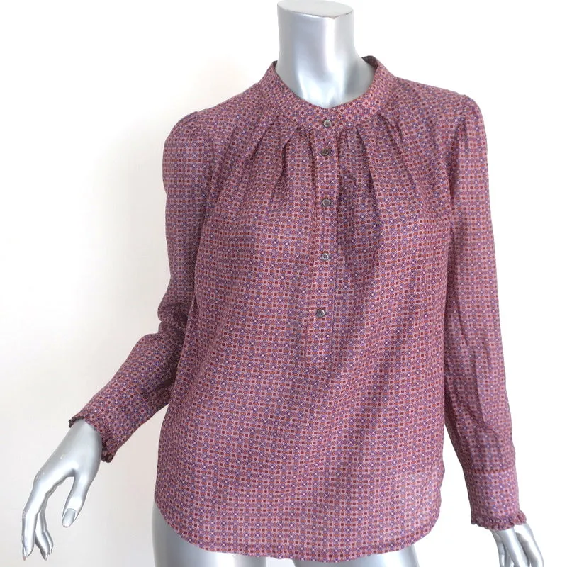 Xirena Henley Top Purple Printed Cotton-Silk Size Extra Small Long Sleeve Blouse