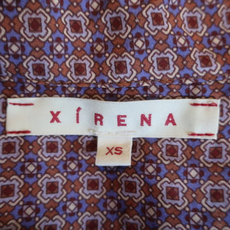 Xirena Henley Top Purple Printed Cotton-Silk Size Extra Small Long Sleeve Blouse