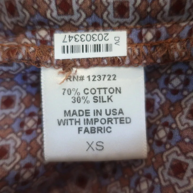 Xirena Henley Top Purple Printed Cotton-Silk Size Extra Small Long Sleeve Blouse