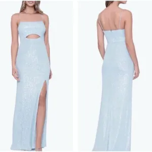 Xscape Sequin Maxi Long Evening Dress Gown Cutout Slit Blue‎ 8 SLIGHT FLAWS J422