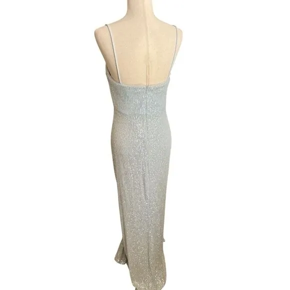 Xscape Sequin Maxi Long Evening Dress Gown Cutout Slit Blue‎ 8 SLIGHT FLAWS J422