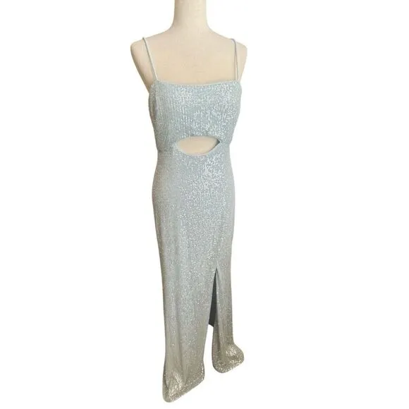 Xscape Sequin Maxi Long Evening Dress Gown Cutout Slit Blue‎ 8 SLIGHT FLAWS J422