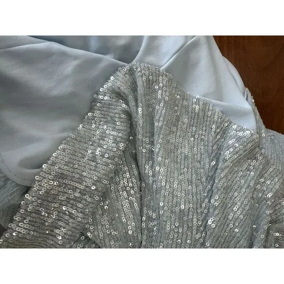 Xscape Sequin Maxi Long Evening Dress Gown Cutout Slit Blue‎ 8 SLIGHT FLAWS J422