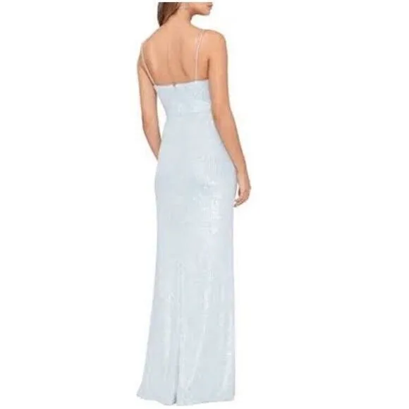 Xscape Sequin Maxi Long Evening Dress Gown Cutout Slit Blue‎ 8 SLIGHT FLAWS J422