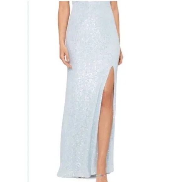 Xscape Sequin Maxi Long Evening Dress Gown Cutout Slit Blue‎ 8 SLIGHT FLAWS J422
