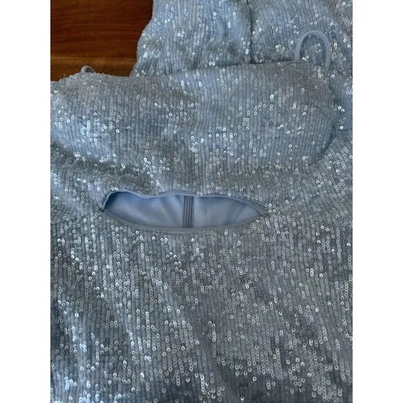 Xscape Sequin Maxi Long Evening Dress Gown Cutout Slit Blue‎ 8 SLIGHT FLAWS J422
