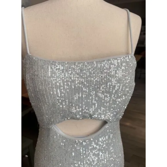 Xscape Sequin Maxi Long Evening Dress Gown Cutout Slit Blue‎ 8 SLIGHT FLAWS J422