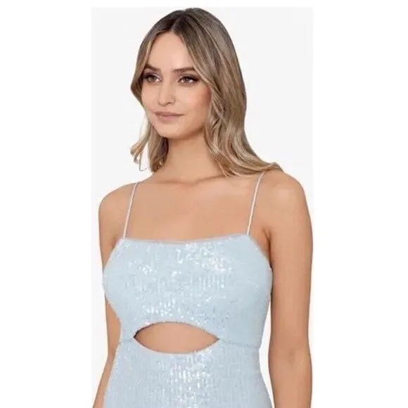 Xscape Sequin Maxi Long Evening Dress Gown Cutout Slit Blue‎ 8 SLIGHT FLAWS J422