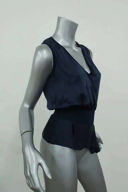 Yves Saint Laurent Blouson Top Navy Silk Size 34 Sleeveless V-Neck Blouse