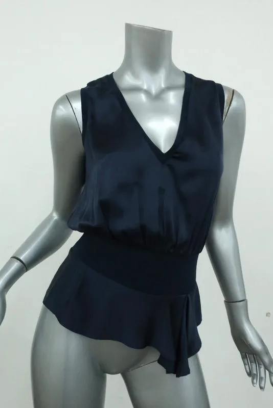 Yves Saint Laurent Blouson Top Navy Silk Size 34 Sleeveless V-Neck Blouse