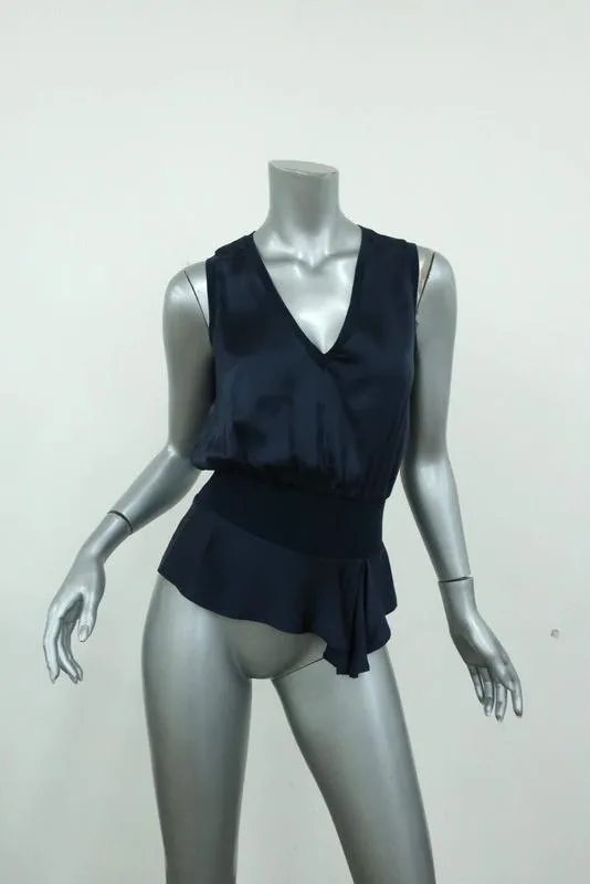 Yves Saint Laurent Blouson Top Navy Silk Size 34 Sleeveless V-Neck Blouse